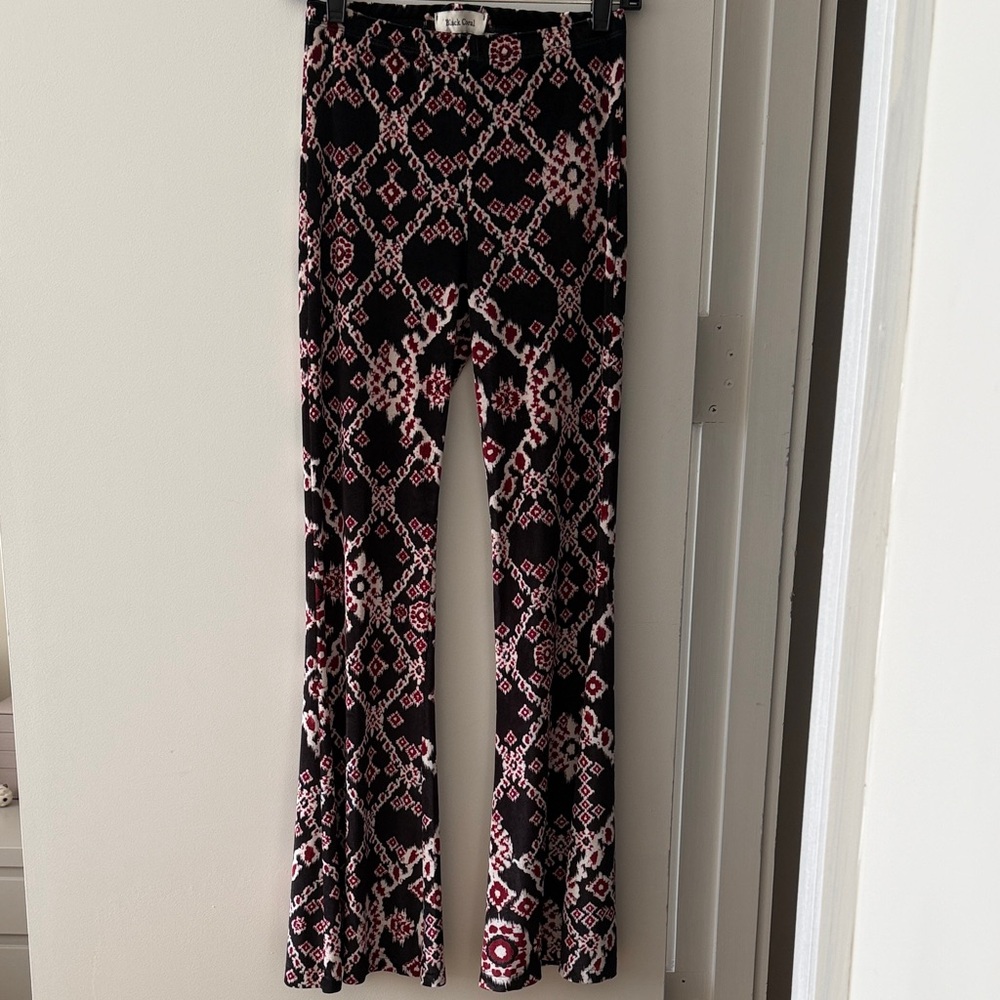 Patterned Flared Lounge Pants - Black with Burgundy & Beige Geo Print